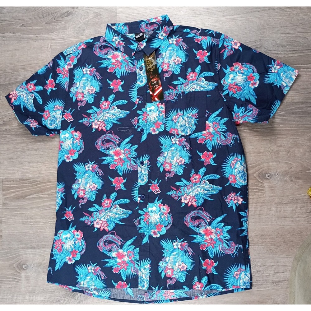 Star Wars Hawaiian Camp Shirt Millennium Falcon R2-D2 Floral Button Up Mens L